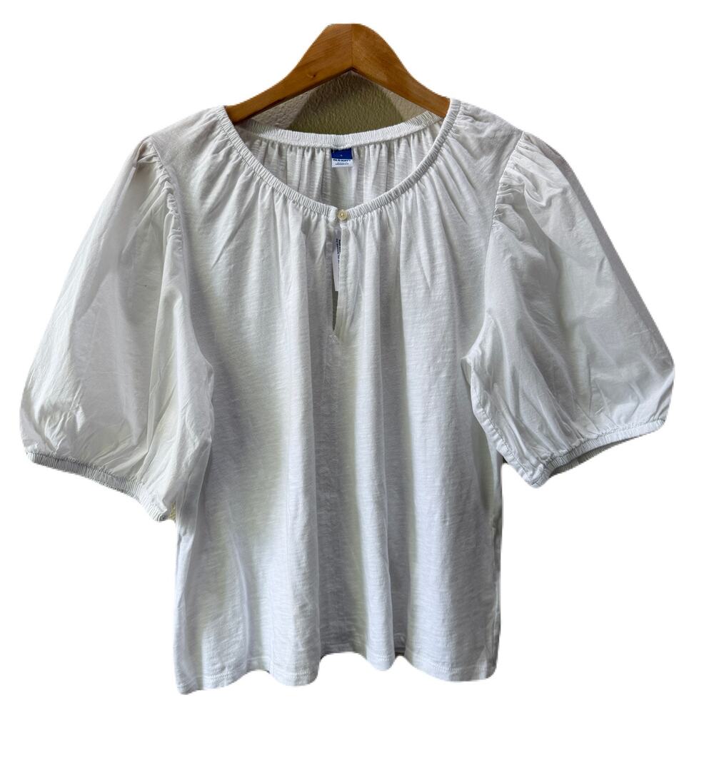 White Peasant Blouse Shirt Puff Sleeves Woven Cotton Tie Front NEW WITH TAGS L